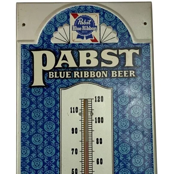 Vintage Pabst Blue Ribbon Beer PBR Metal Thermometer Sign Barware Man Cave Decor